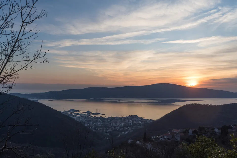 Sunset over the Bay of Kotor seen from the hillside village of Gornja Lastva