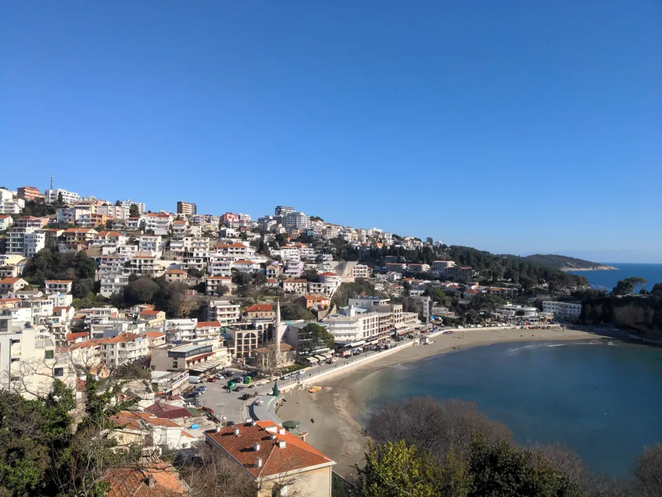 Panoramic view of Ulcinj old town and Mala plaža beach seen from the fortress.