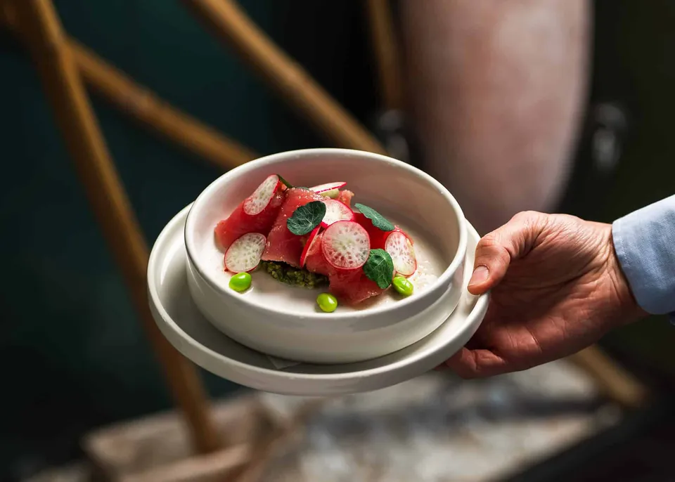 Plated starter in a white bowl served at the table