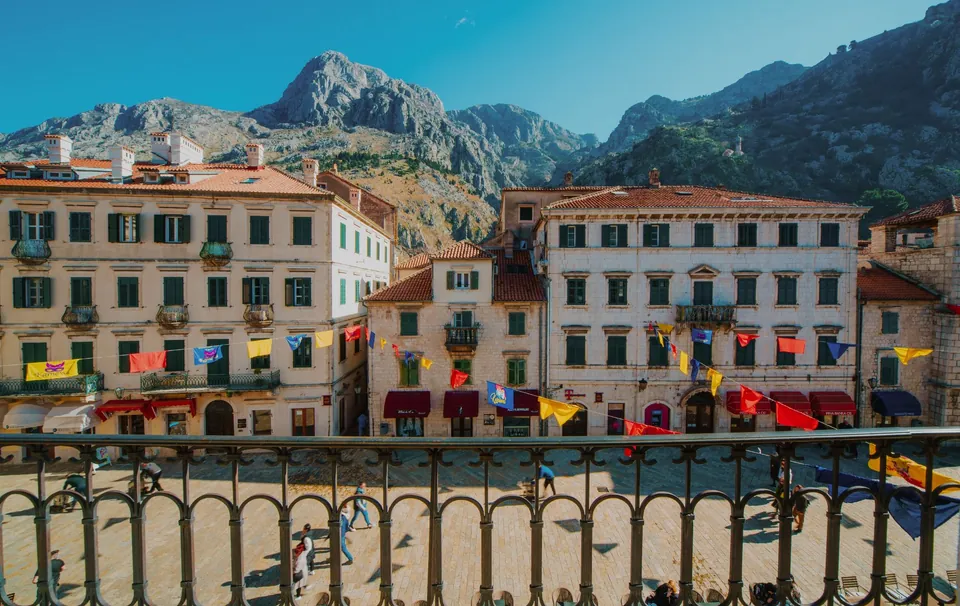 Old Town facades and the mountain seen from the terrace