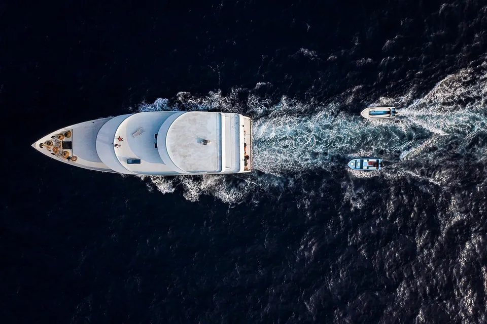 Motor yacht at sea seen from above